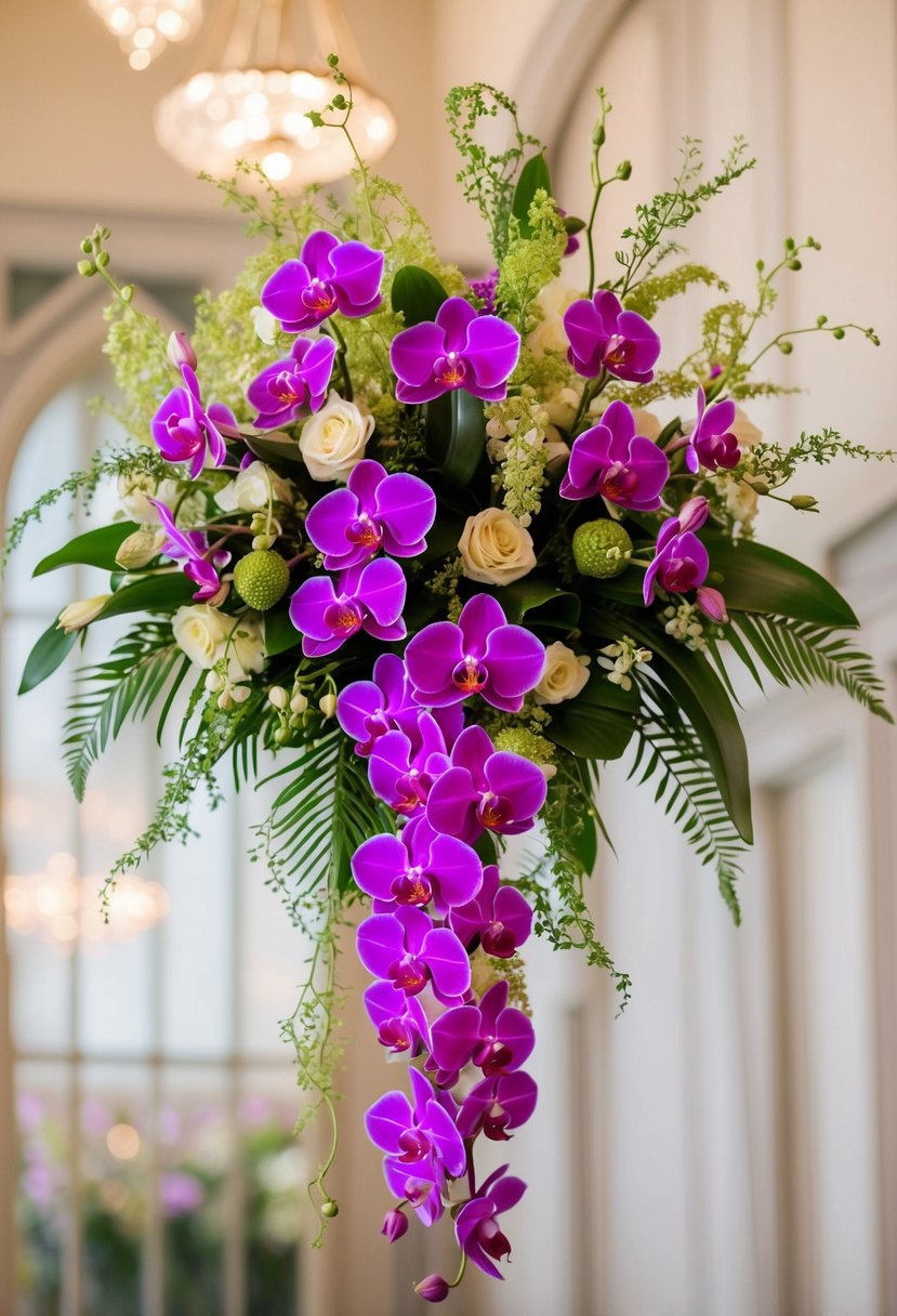 A lush cascade of vibrant orchids and delicate greenery, arranged in a vintage 1950s style wedding bouquet