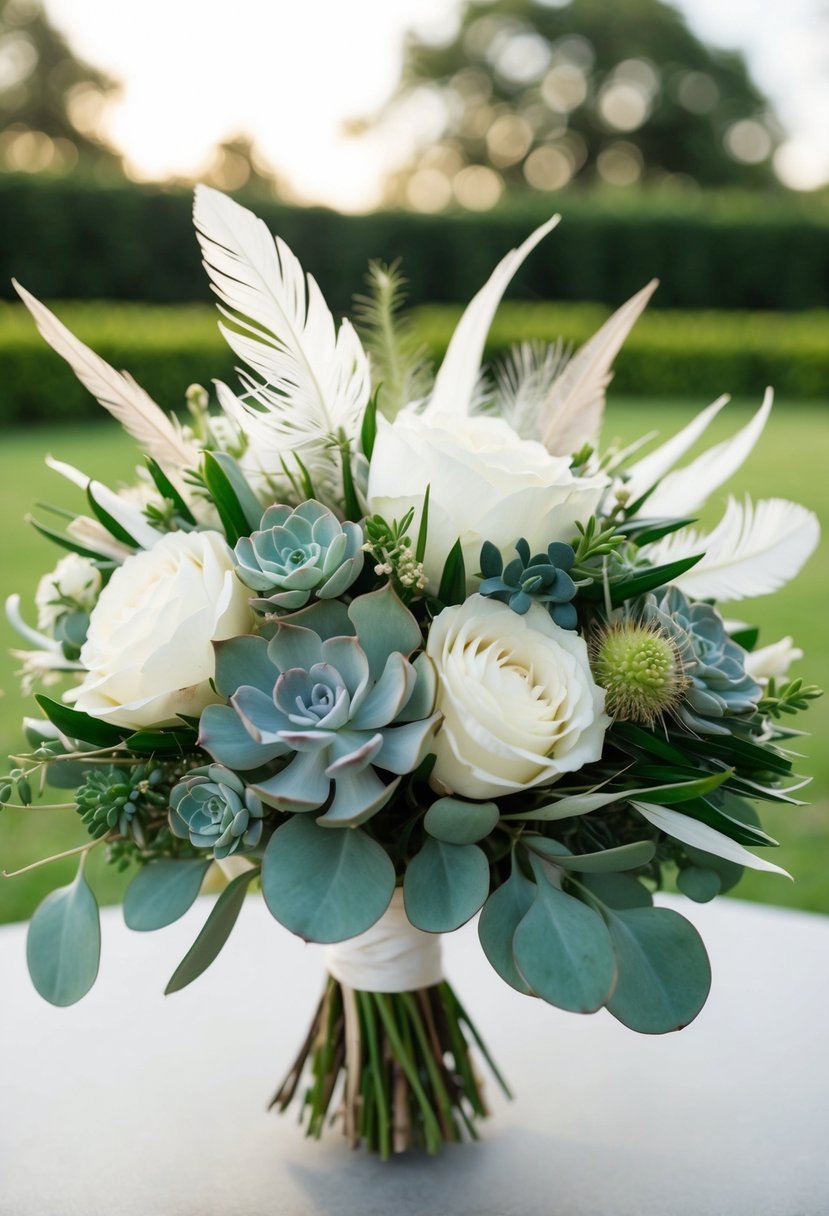 A white bouquet with modern, unique twists: incorporating unexpected elements like succulents, feathers, or metallic accents for a contemporary twist on a classic wedding tradition