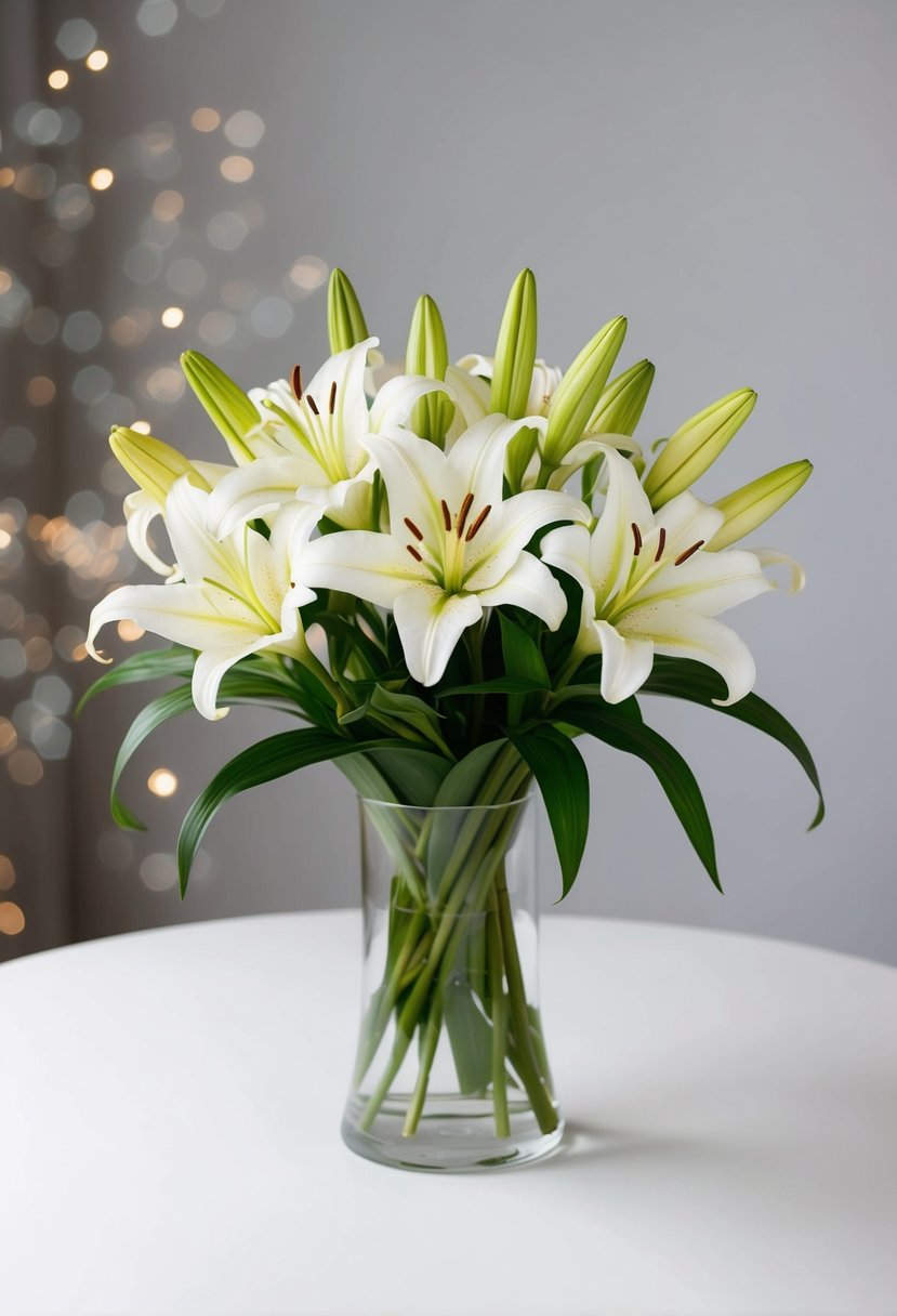 A simple, elegant bouquet of lilies in a vintage 1950s style, with clean lines and minimalistic design