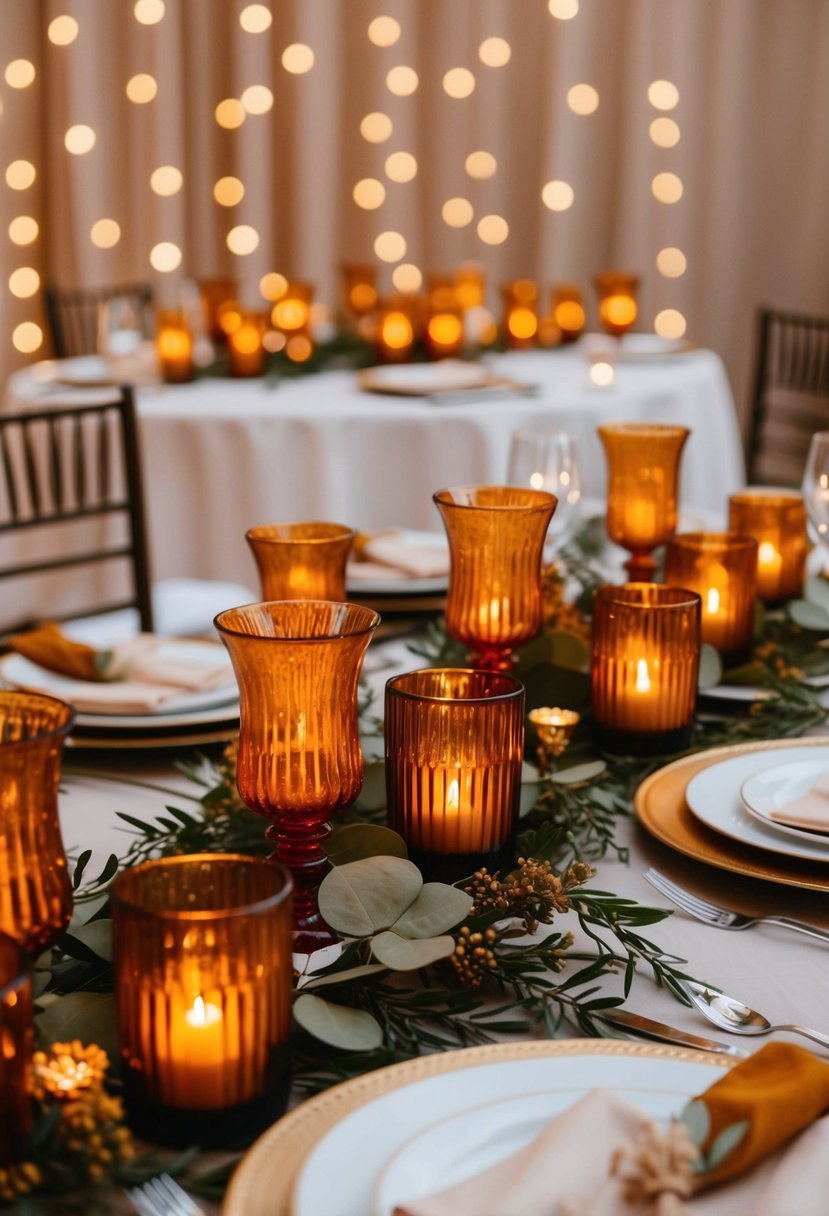 A table set with warm amber votive holders creating a cozy and elegant ambiance for a wedding celebration