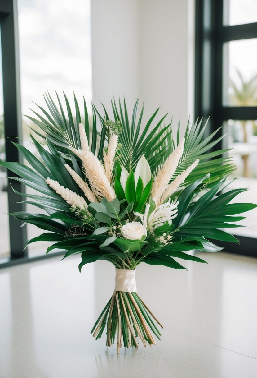 A modern wedding bouquet made of beachy palm leaves and other unique foliage, arranged in an elegant and contemporary style