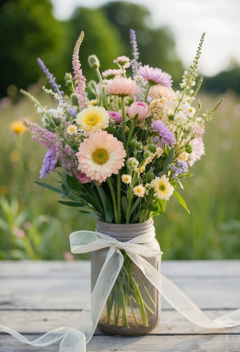 A vintage-inspired bouquet of wildflowers in pastel hues, tied with a delicate ribbon, sits in a rustic mason jar