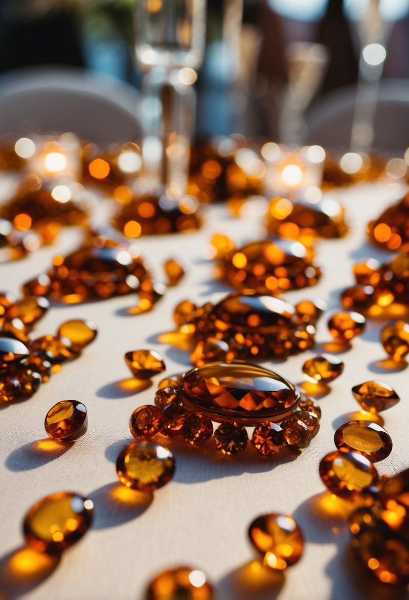 Amber jewels scattered across a wedding table, catching the light and adding a warm, elegant touch to the decor