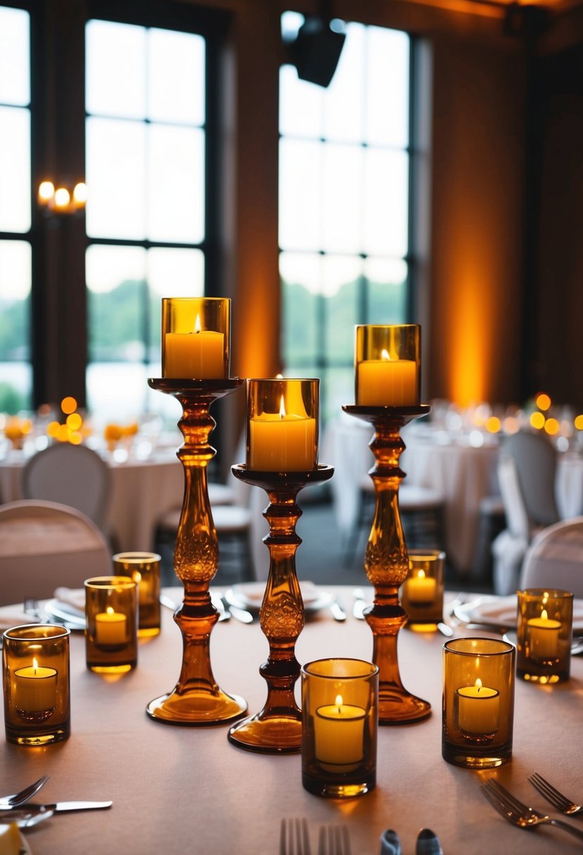 Amber glass candle holders arranged on a wedding reception table, casting a warm glow in the dimly lit room