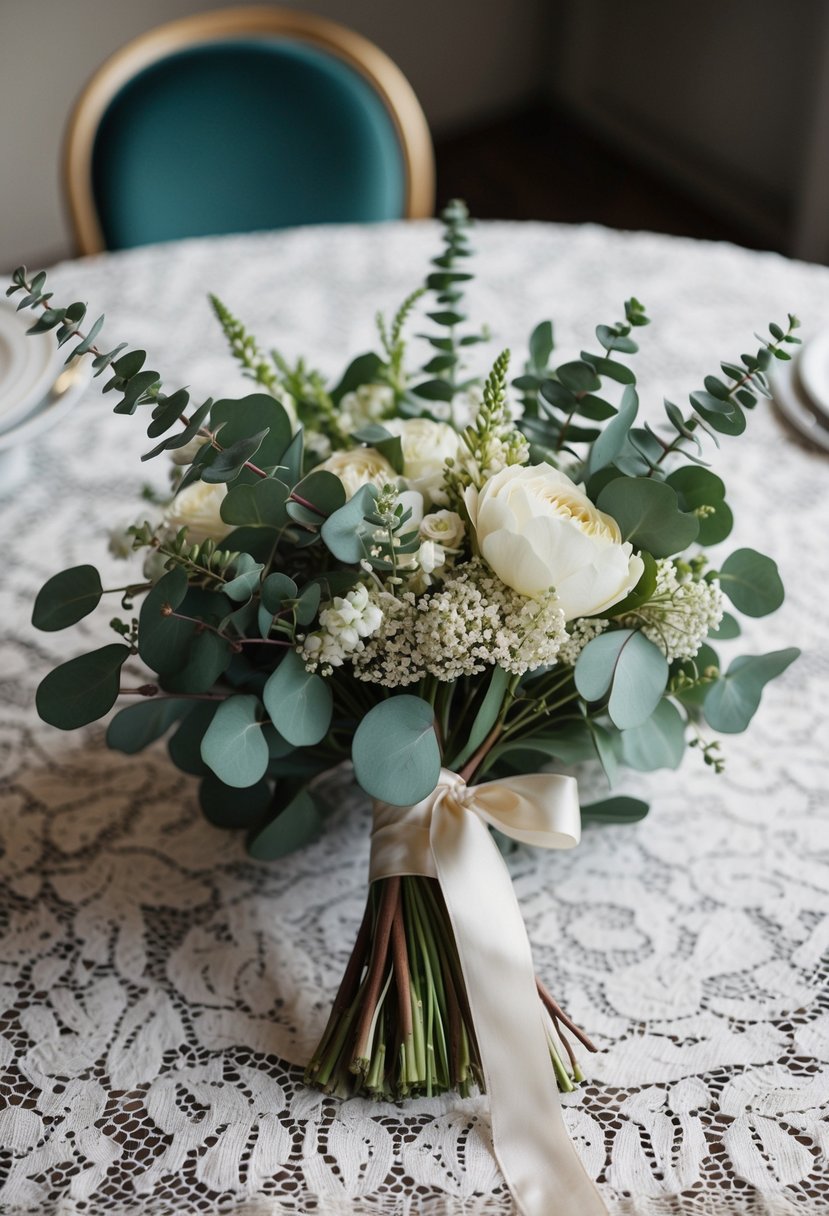 A vintage-inspired wedding bouquet with eucalyptus and ivory blooms, tied with a silk ribbon, sits on a lace tablecloth