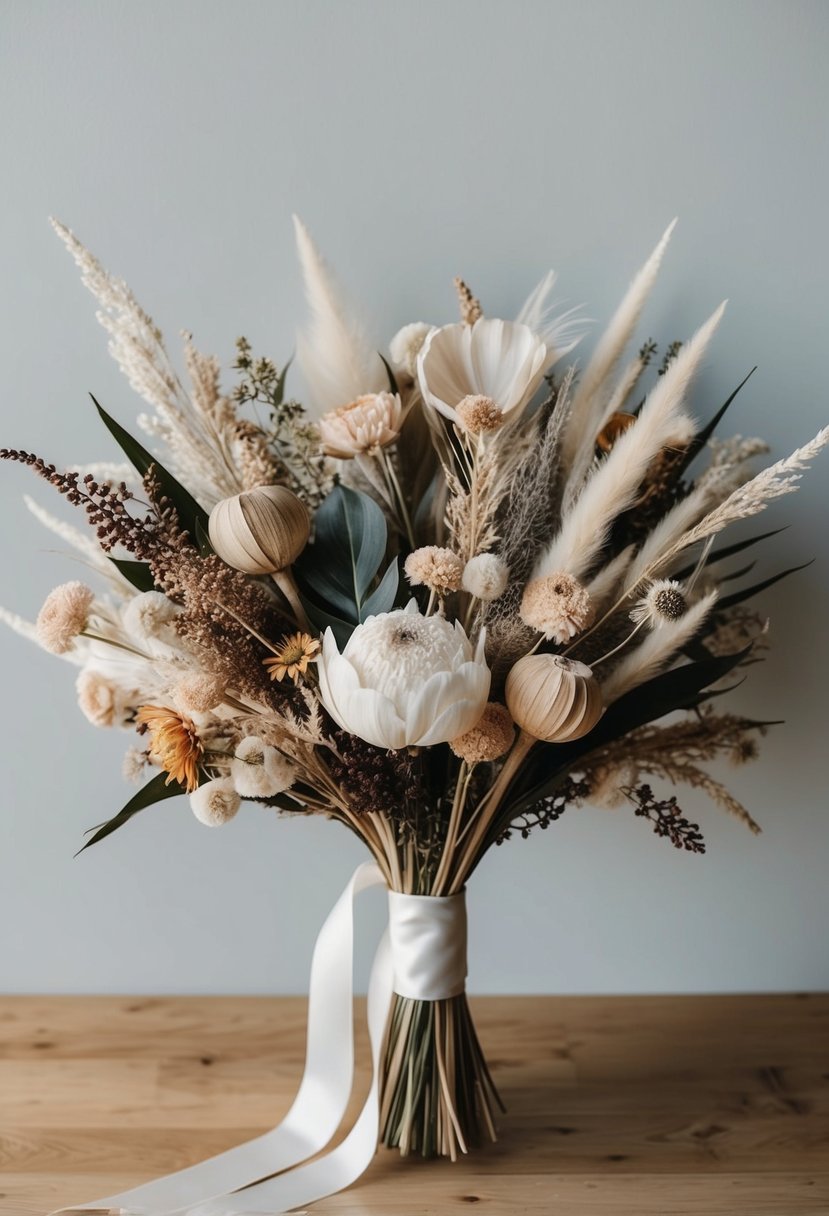 A modern wedding bouquet featuring a medley of dried flowers and ribbons, arranged in a unique and elegant style