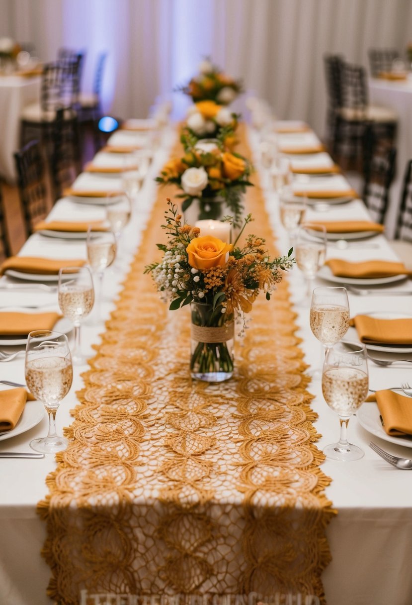 An amber lace table runner draping over a wedding reception table adorned with delicate floral centerpieces