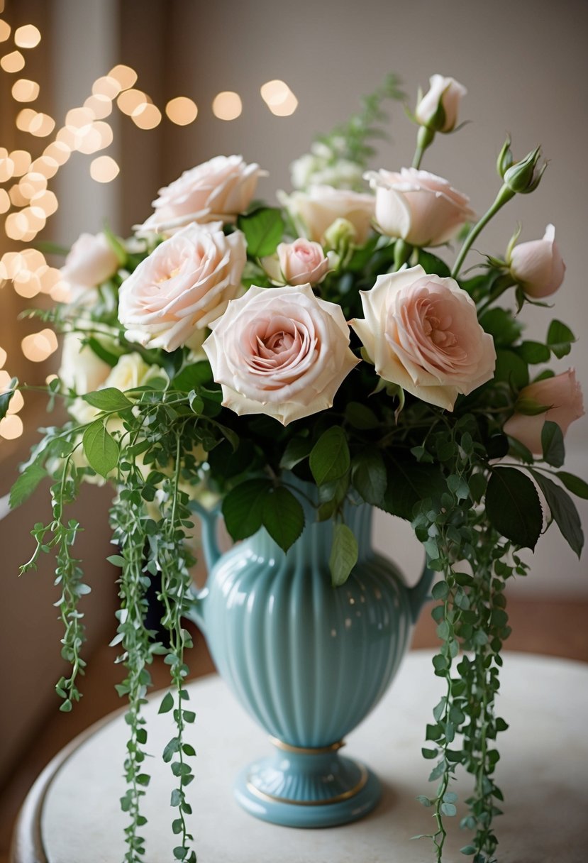 A vintage garden rose bouquet with cascading greenery in a 1950s style vase