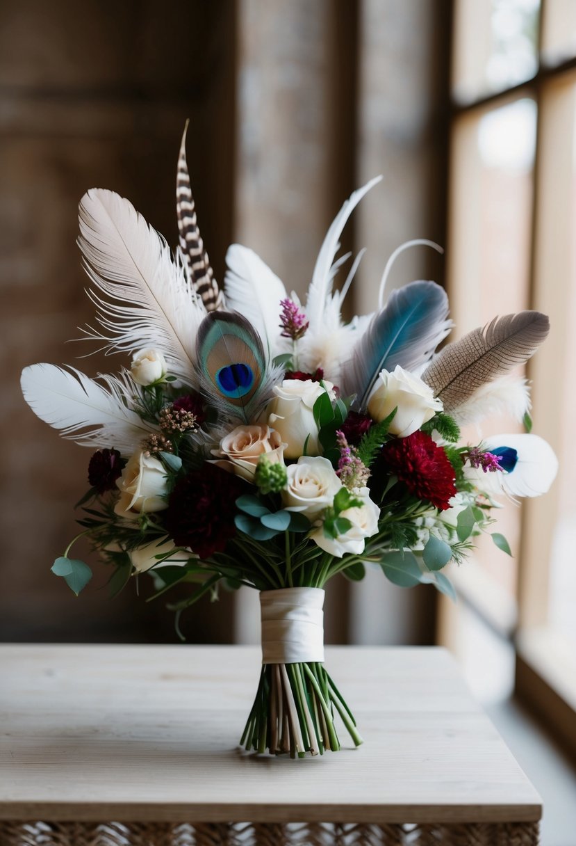 A modern wedding bouquet featuring a harmonious blend of feathers and floral elements