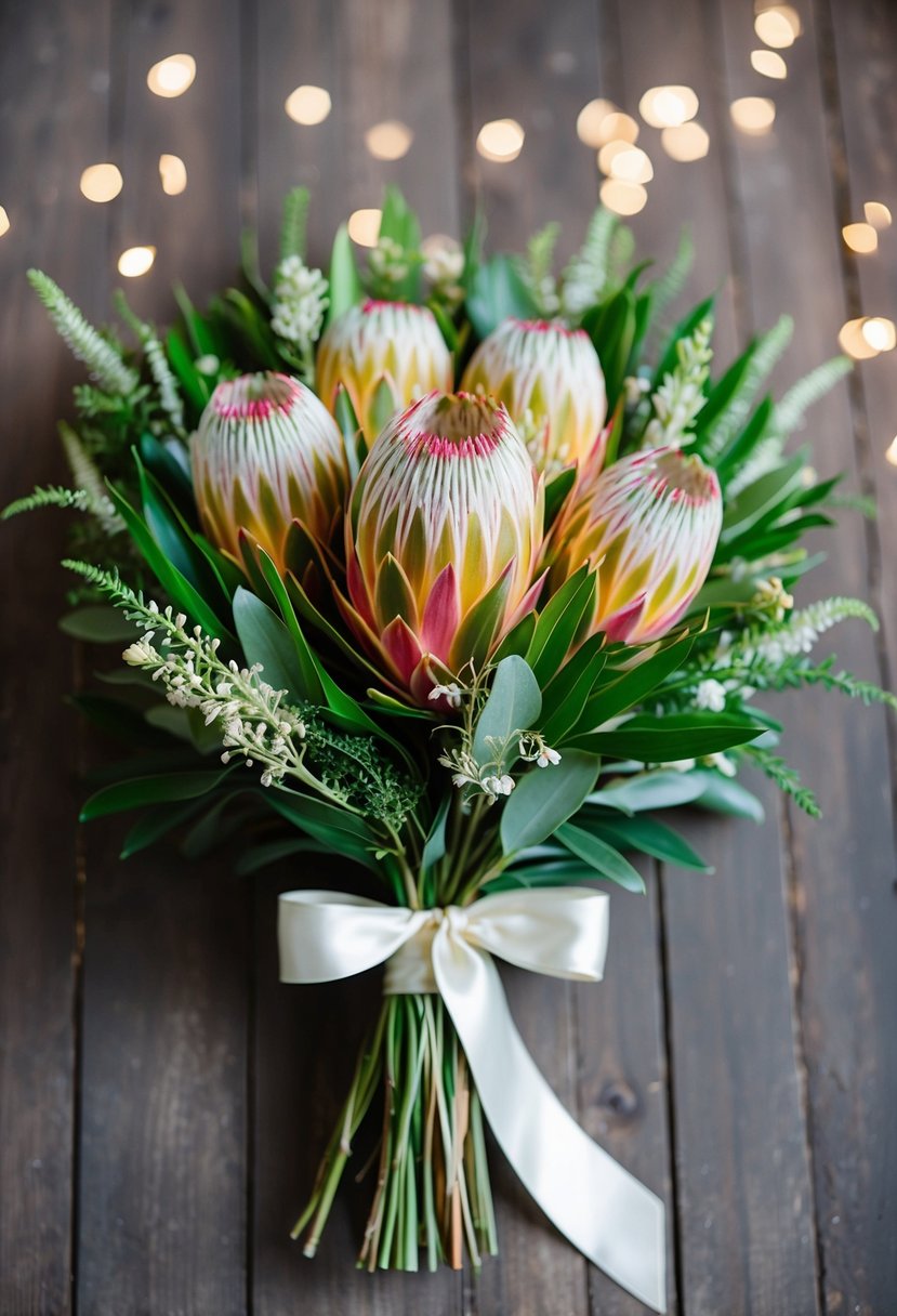 A vintage 1950s-style wedding bouquet featuring a lush bunch of exotic Protea flowers in vibrant colors, accented with delicate greenery and tied with a satin ribbon