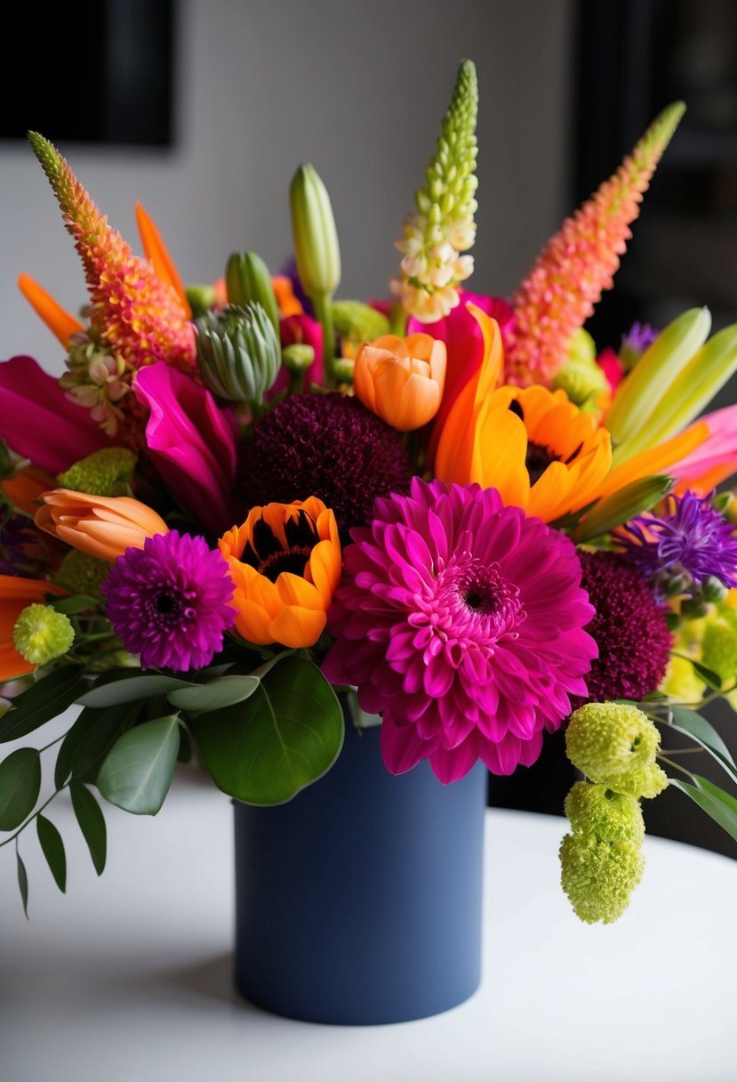 A vibrant, modern bouquet with bold pops of color, featuring unique and unconventional floral arrangements