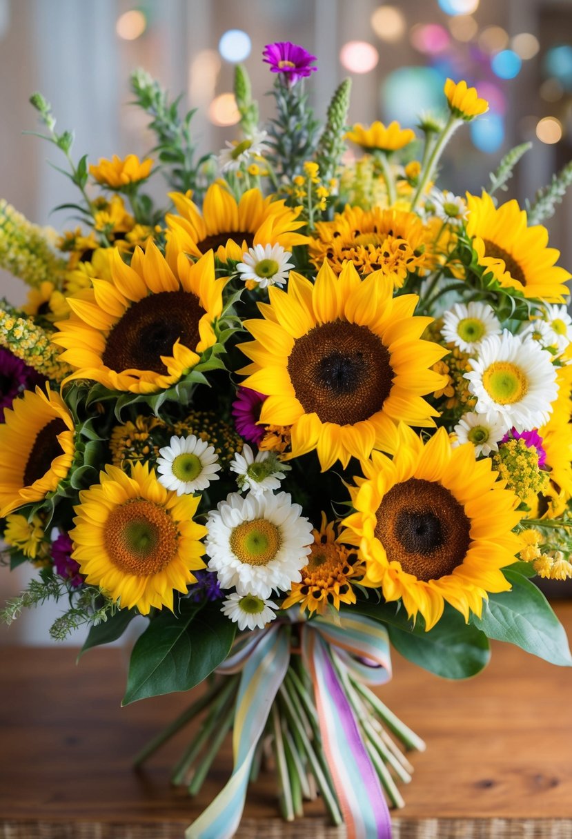 A vibrant bouquet of sunflowers, daisies, and wildflowers arranged in a 1950s style with a retro color palette and a vintage ribbon