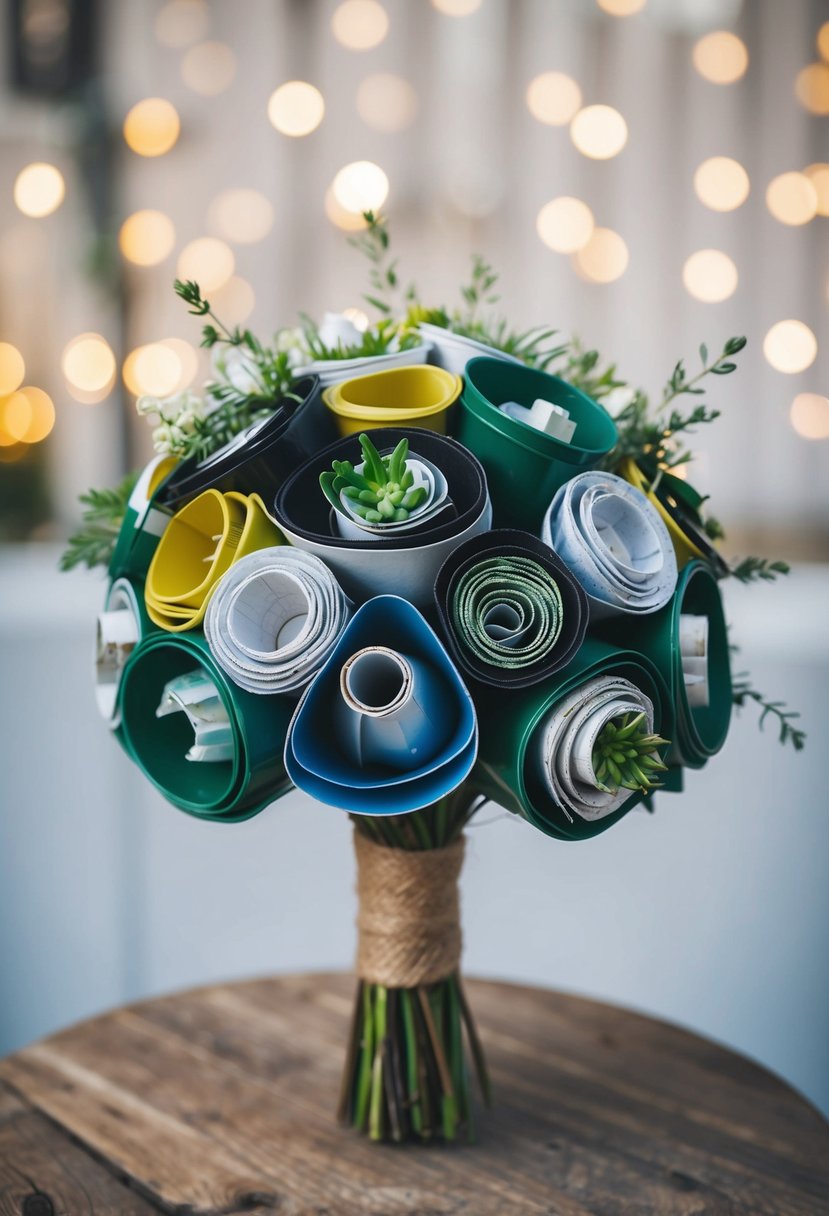 A bouquet made of recyclable materials, featuring modern, unique designs for a eco-friendly wedding