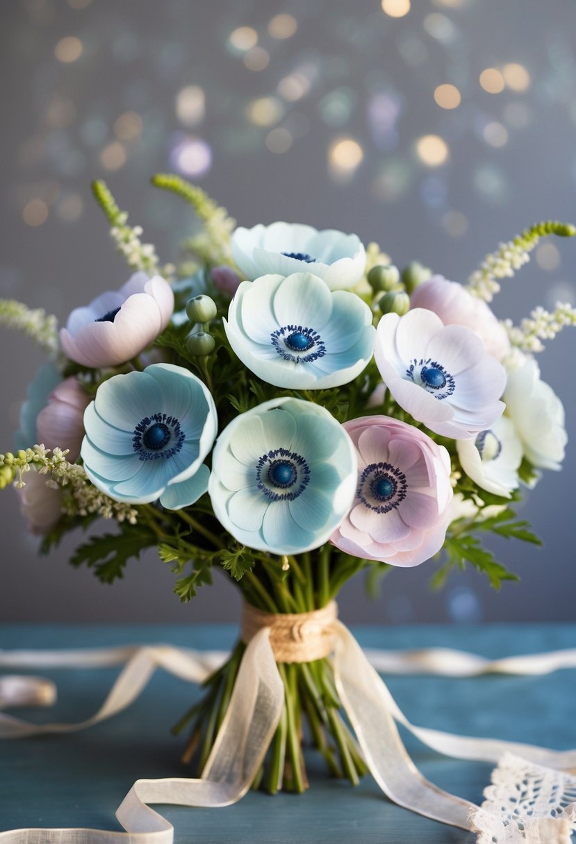 A bouquet of soft pastel anemones arranged in a 1950s style with vintage ribbons and delicate lace accents