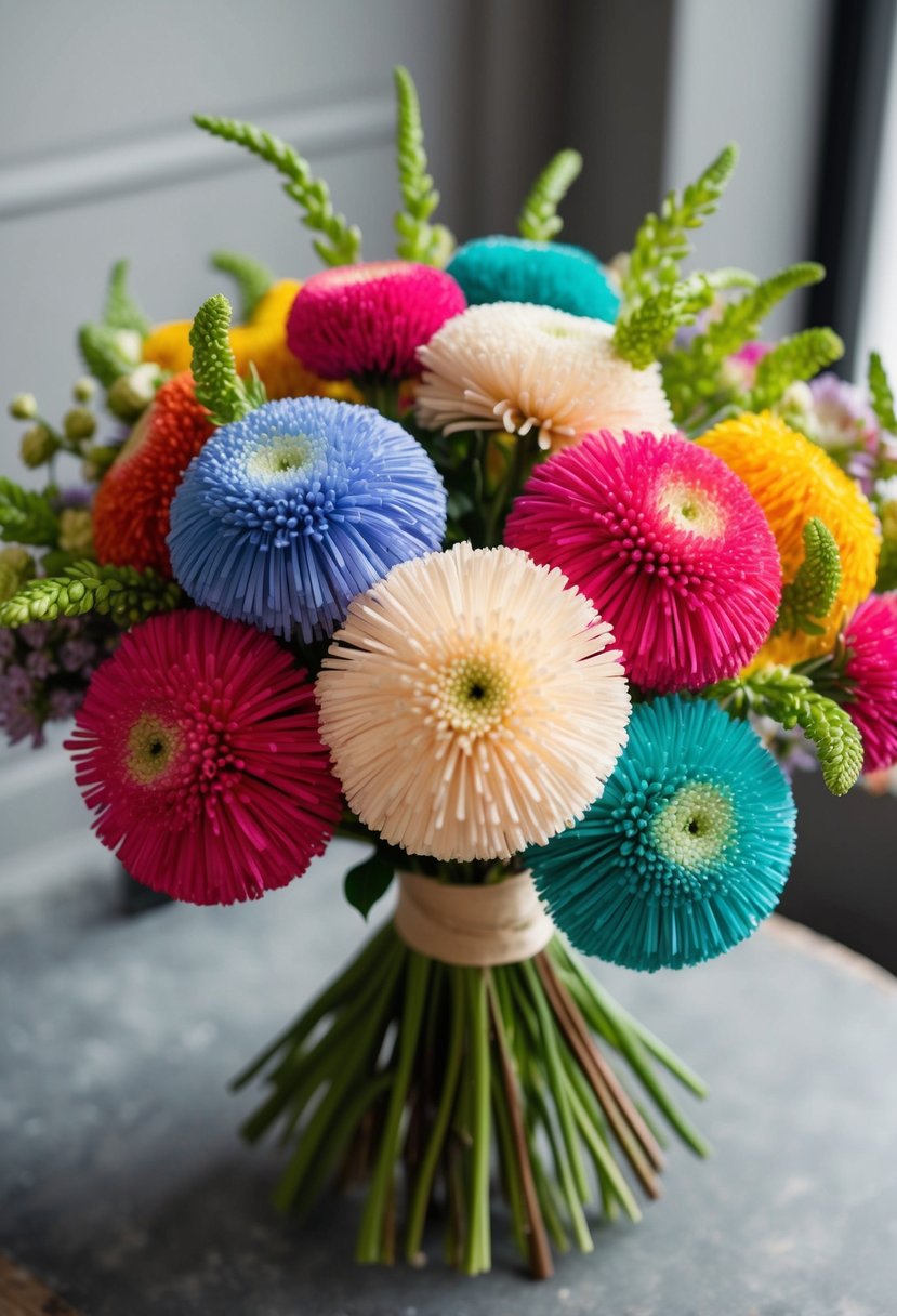 A bouquet of tassel flowers in vintage-inspired colors, with unique and modern arrangements