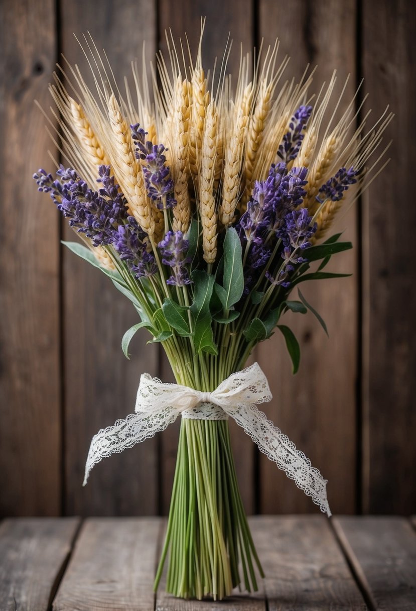 A bouquet of wheat and lavender tied with a lace ribbon, set against a rustic wooden backdrop