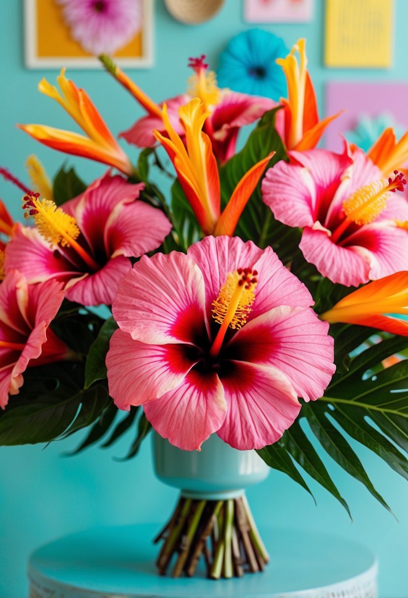 A vibrant tropical hibiscus bouquet arranged in a 1950s style with retro accents and pastel colors