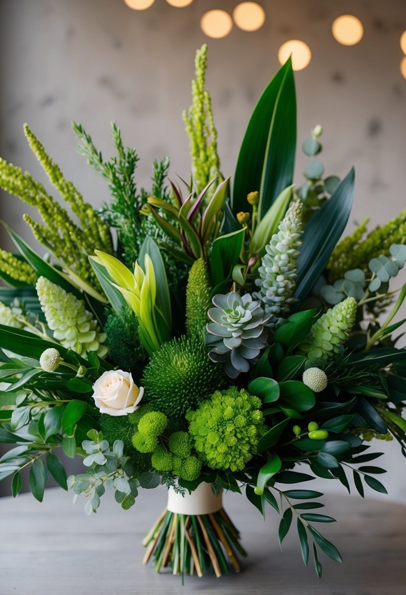 A vibrant assortment of textured mixed greens arranged in a modern and unique wedding bouquet display