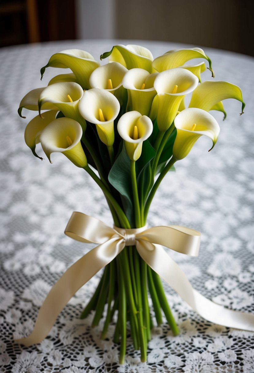 A vintage-inspired bouquet of calla lilies, tied with satin ribbon, sits on a lace tablecloth