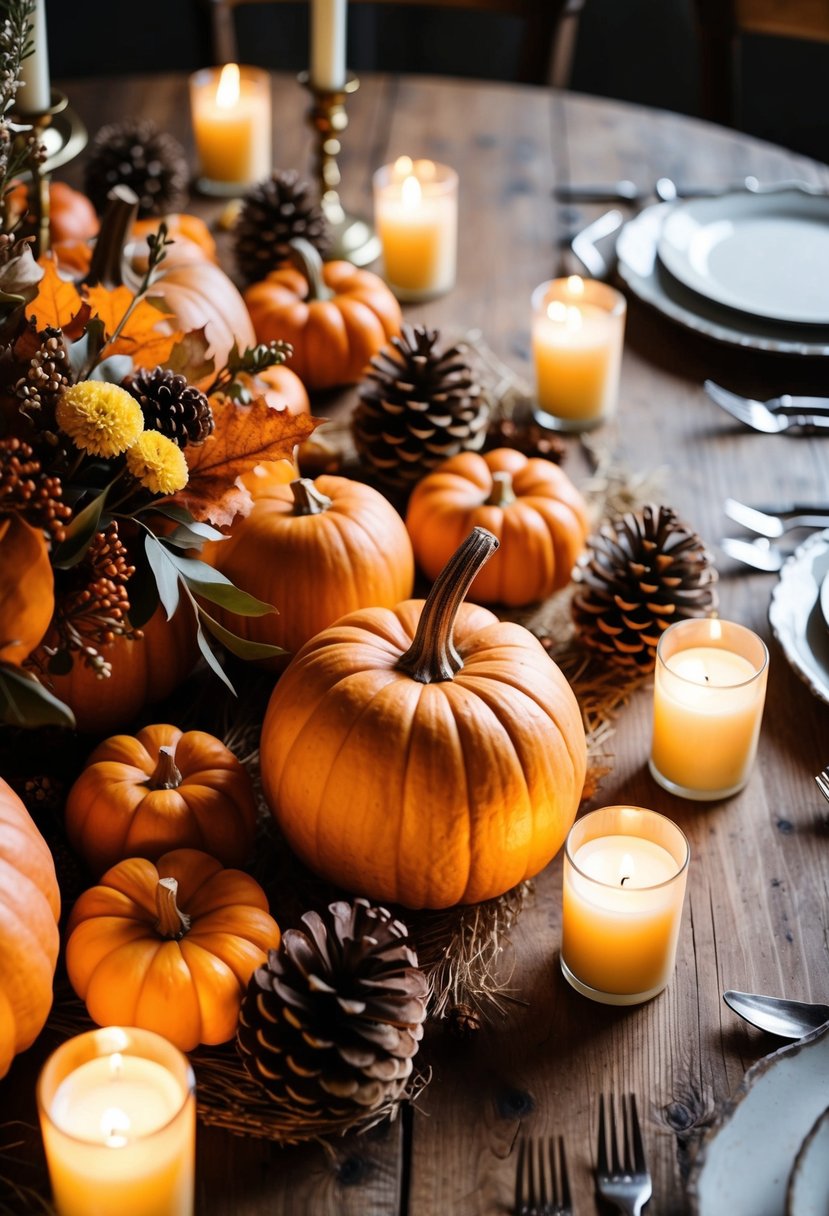 A rustic wooden table adorned with pumpkins, pinecones, and autumn leaves, surrounded by flickering candles and elegant floral arrangements