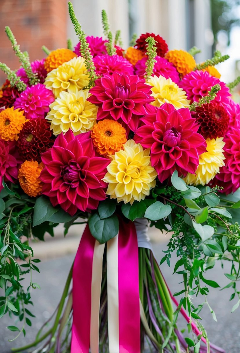 A vibrant explosion of bold dahlia blooms arranged in a 1950s-inspired wedding bouquet, with cascading greenery and retro ribbon accents