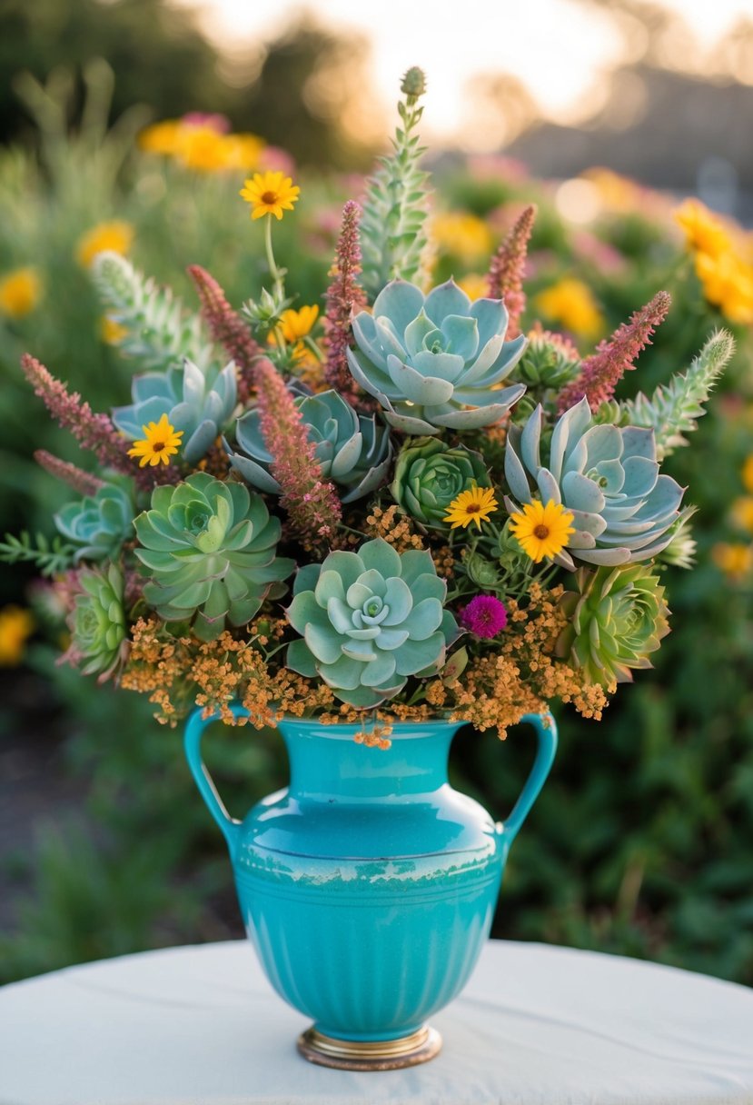 A lush bouquet of succulents and wildflowers in a vintage 1950s style vase