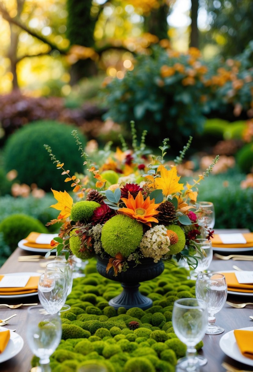 An enchanted garden with green moss and autumn florals for wedding table decoration