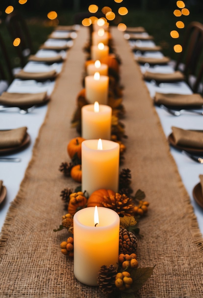 Rustic burlap table runners adorned with flickering candles, creating a cozy autumn wedding ambiance