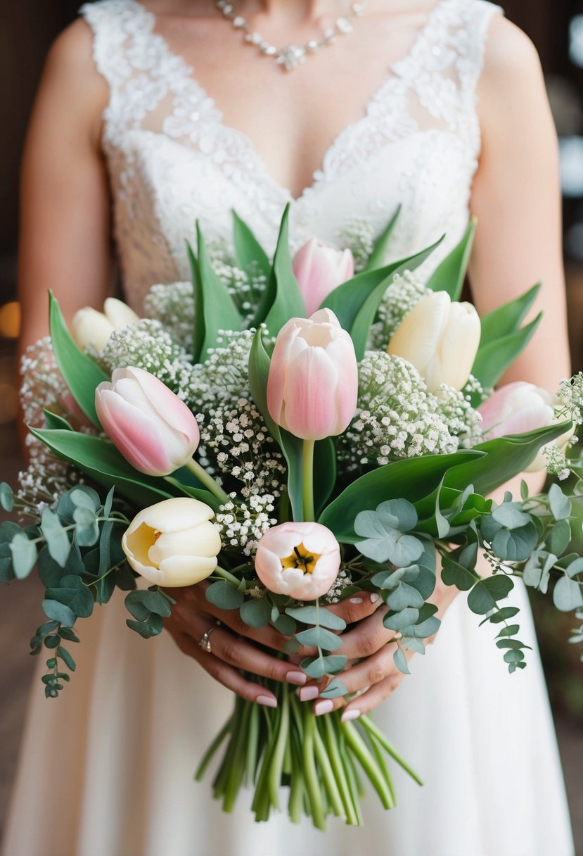 A vintage-inspired wedding bouquet featuring pastel tulips, delicate baby's breath, and cascading greenery