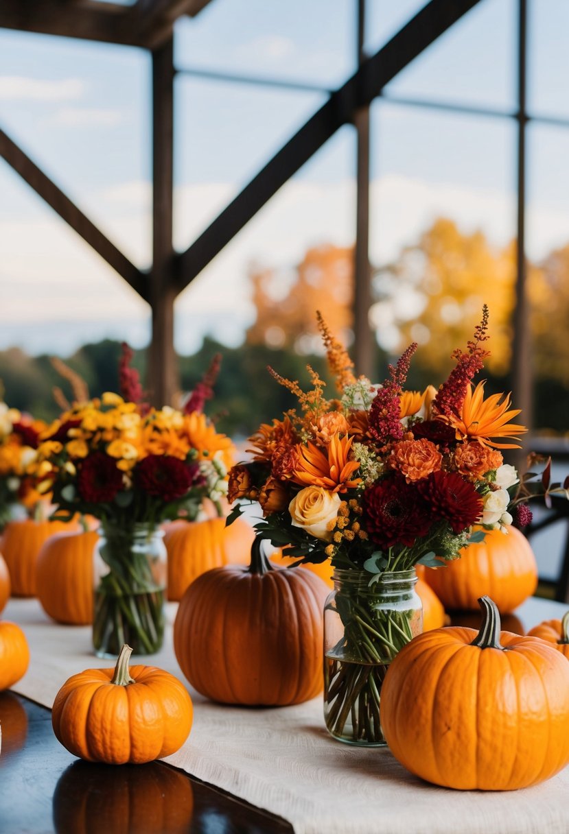 Pumpkins and fall flowers arranged on a wedding table