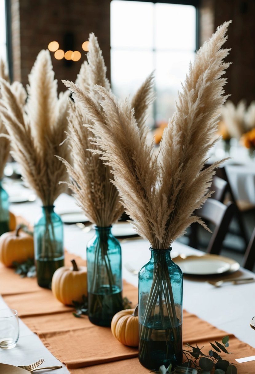 Pampas grass arranged in vases as focal points on an autumn wedding table