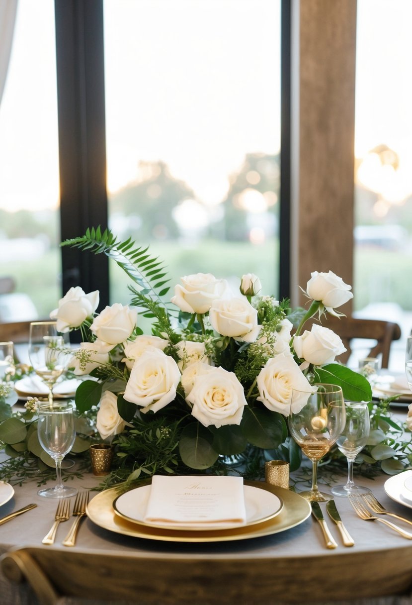 A table adorned with white roses, gold accents, and delicate greenery for an elegant August wedding