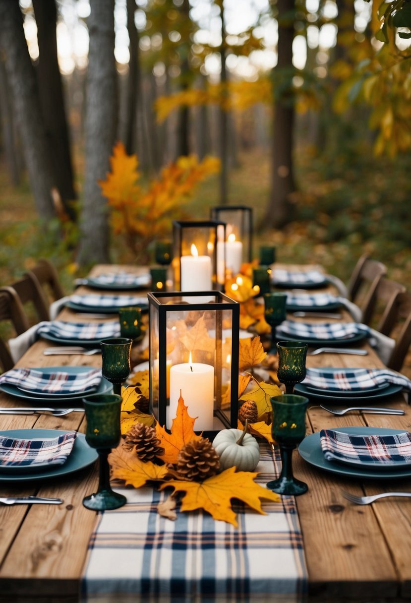 A rustic wooden table adorned with plaid linens, autumn leaves, and candlelit lanterns