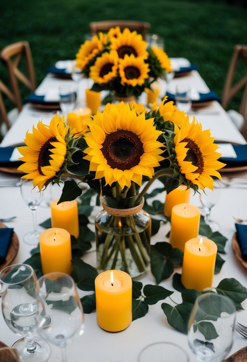 Sunflowers and candles adorn an August wedding table