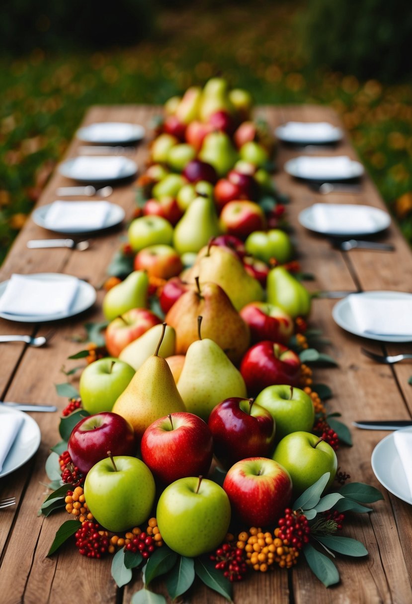 A rustic wooden table adorned with a bountiful display of red and green apples, along with ripe pears, creating a beautiful autumn wedding centerpiece