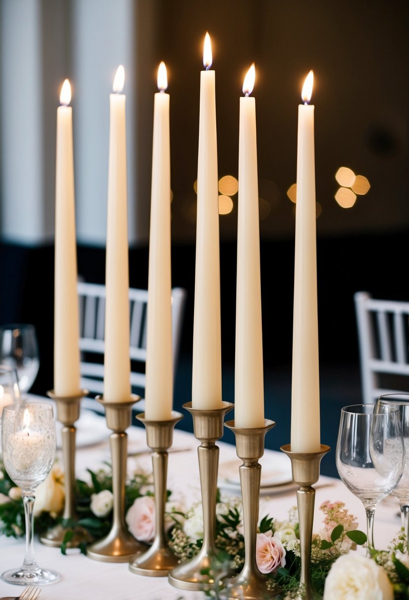 Tall slender candles arranged in a row on a white tablecloth, surrounded by delicate floral centerpieces and sparkling glassware