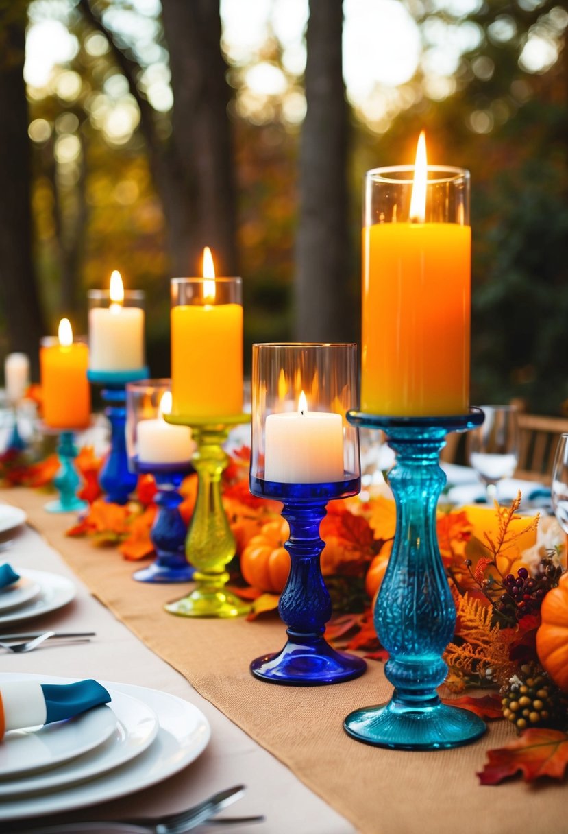 Colorful glass candle holders adorn an autumn wedding table, casting a warm glow