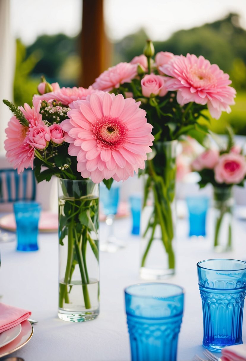 Pink flowers in vases with blue water glasses on a wedding table