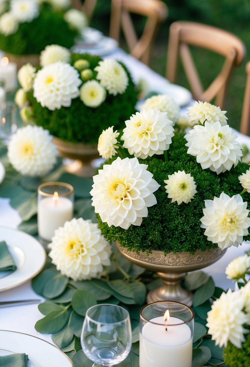 Lush mini greens and white dahlias adorn an elegant August wedding table