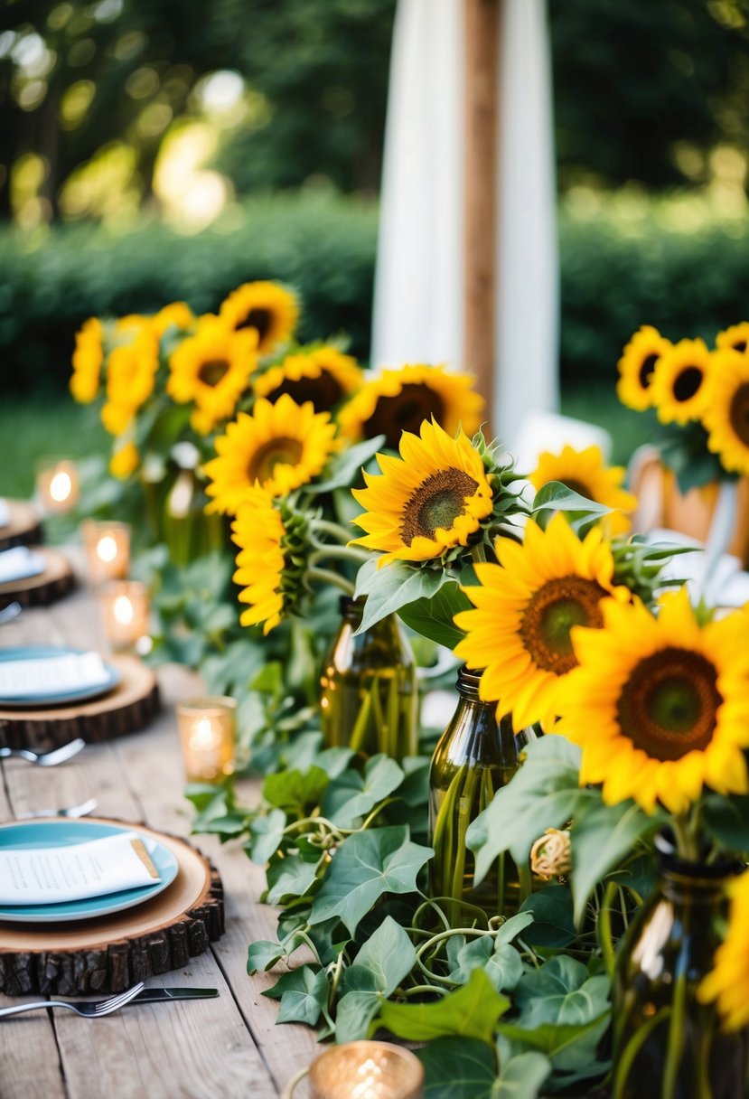 Sunflowers and ivy intertwine on rustic wooden tables at an august wedding