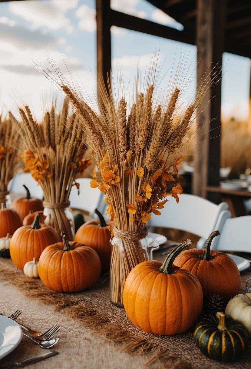 Dried wheat stalks and pumpkins arranged on a rustic table for an autumn wedding