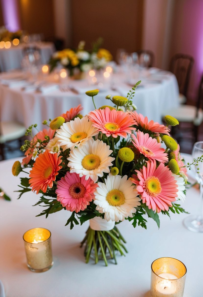 A vibrant bouquet of gerbera daisies and asters adorns a wedding reception table, adding a pop of color and elegance to the August celebration