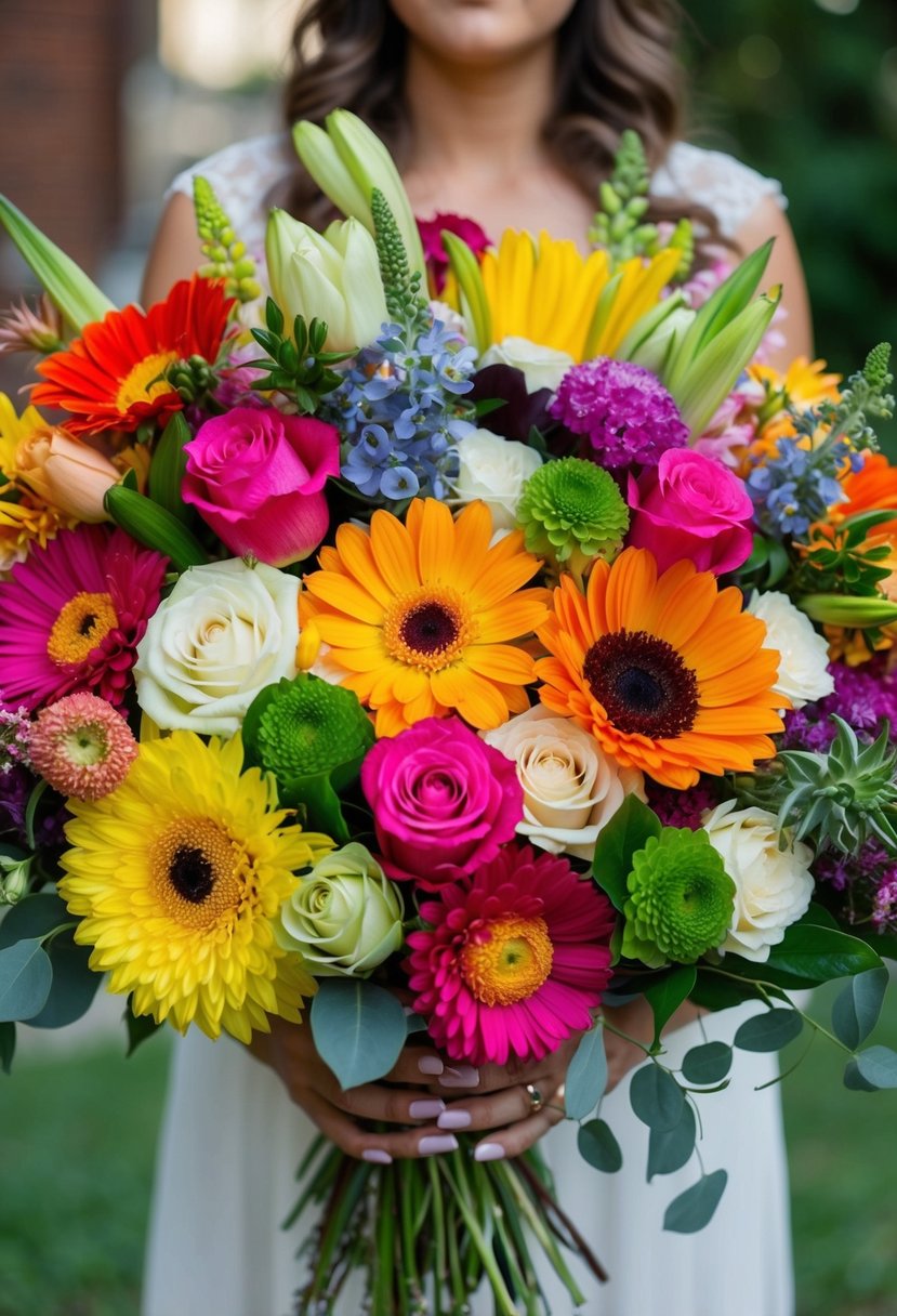 A colorful array of fresh flowers in a variety of shapes and sizes, arranged in a stunning wedding bouquet