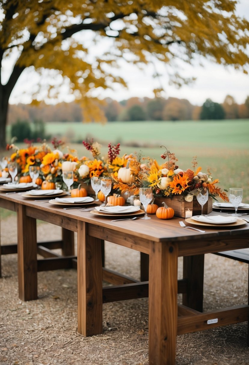 Walnut farm tables adorned with autumn wedding decorations