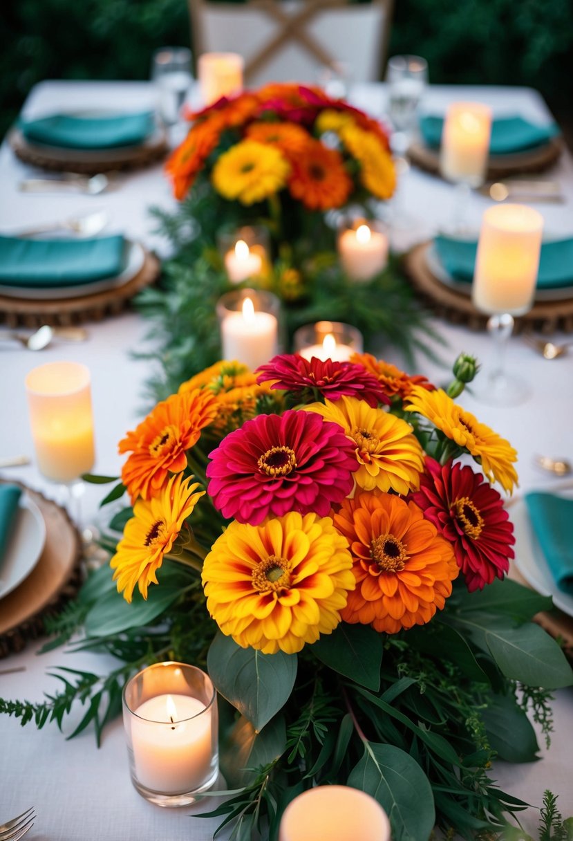 A vibrant zinnia floral centerpiece adorns an August wedding table, surrounded by greenery and soft candlelight