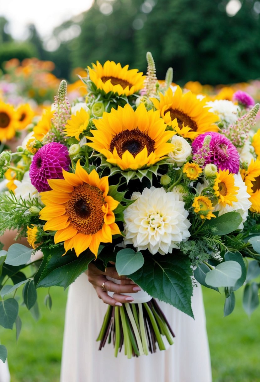 A vibrant wedding bouquet featuring sunflowers and dahlias in full bloom, with lush greenery and delicate filler flowers