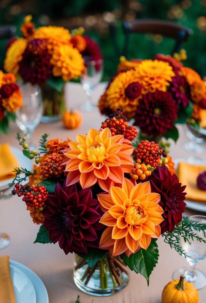 An arrangement of dahlias and berries in warm autumn colors adorns a wedding table