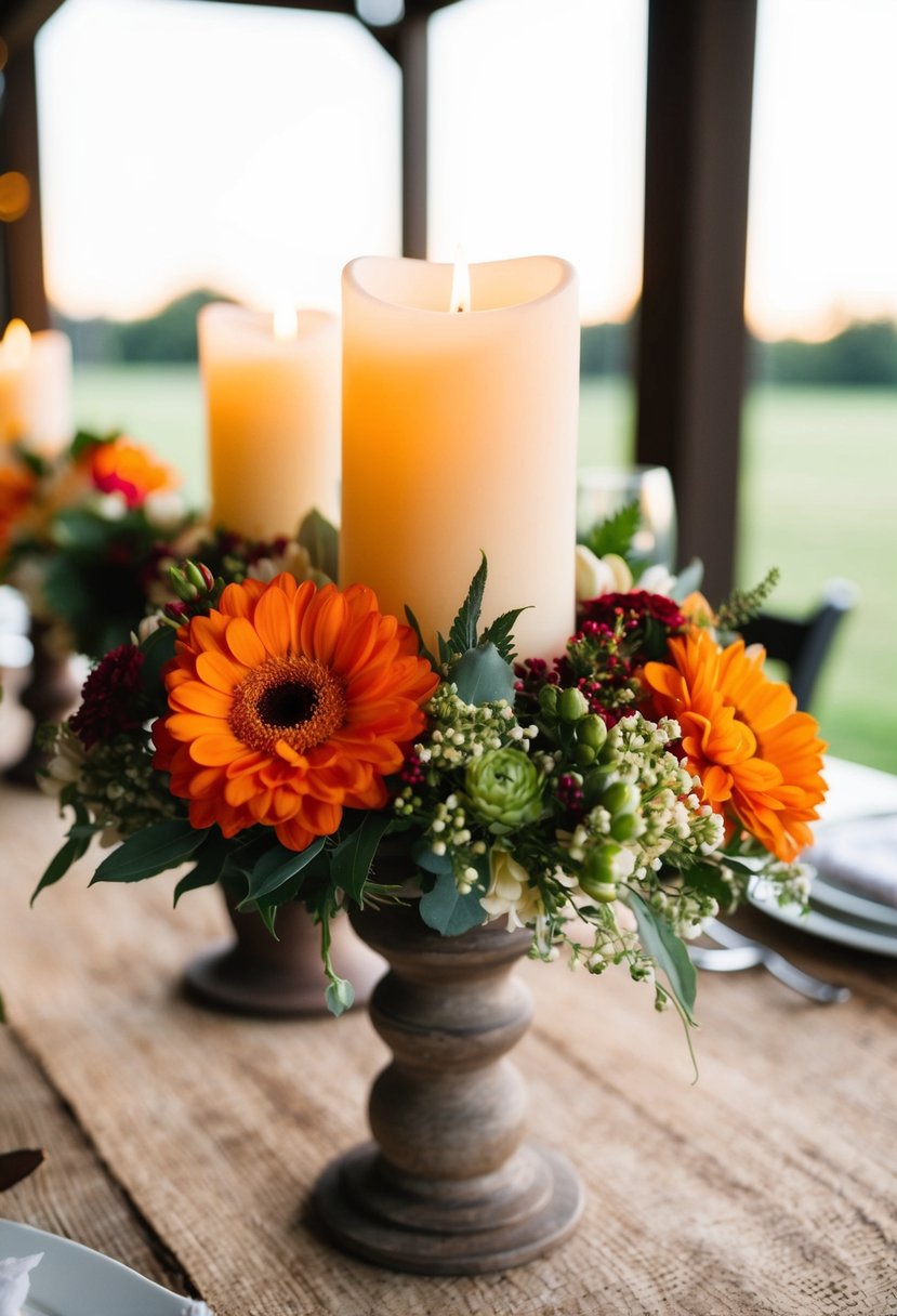 Rustic candle holders adorned with seasonal flowers grace an August wedding table