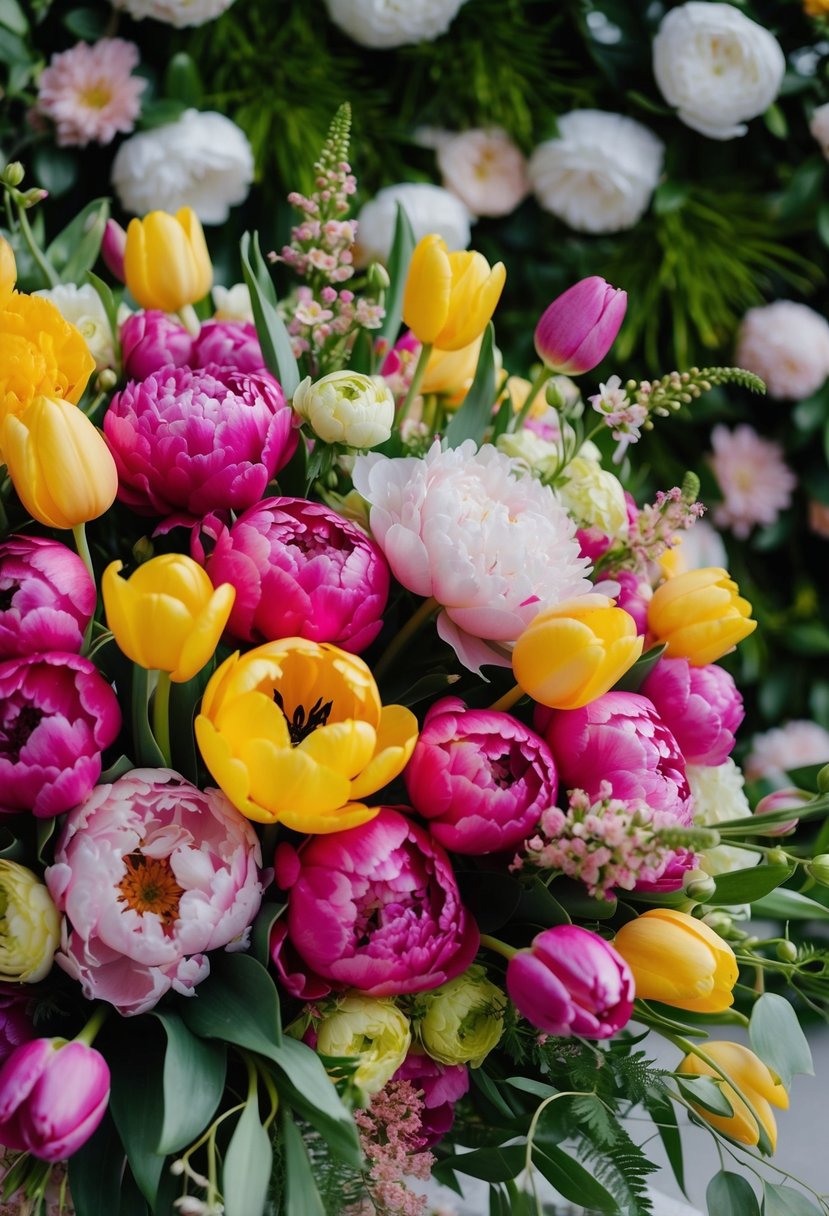 A lavish bouquet bursting with peonies and tulips in a riot of vibrant colors, set against a backdrop of lush greenery and delicate floral accents