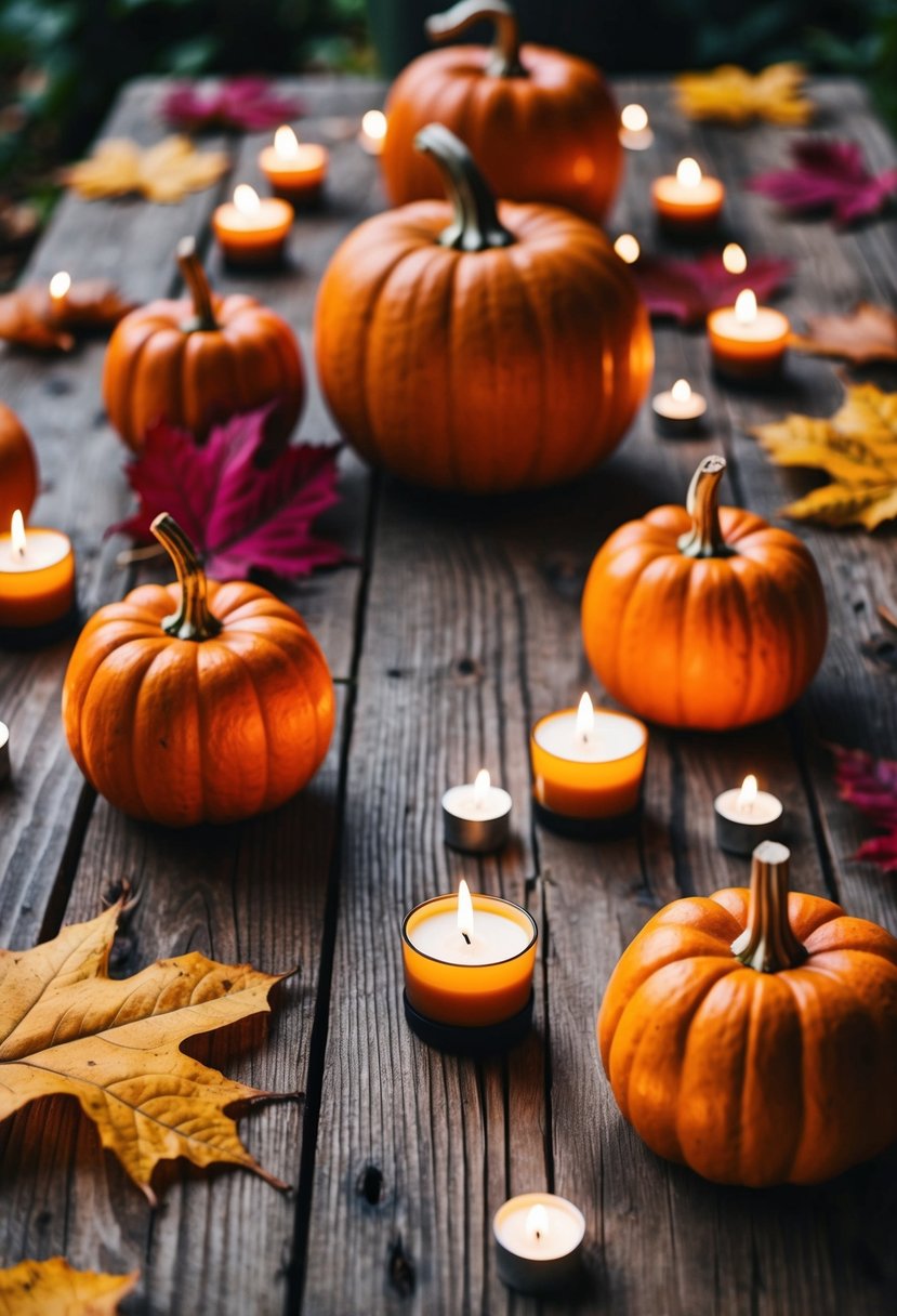 A rustic wooden table with pumpkin candle holders surrounded by autumn leaves and scattered tea lights